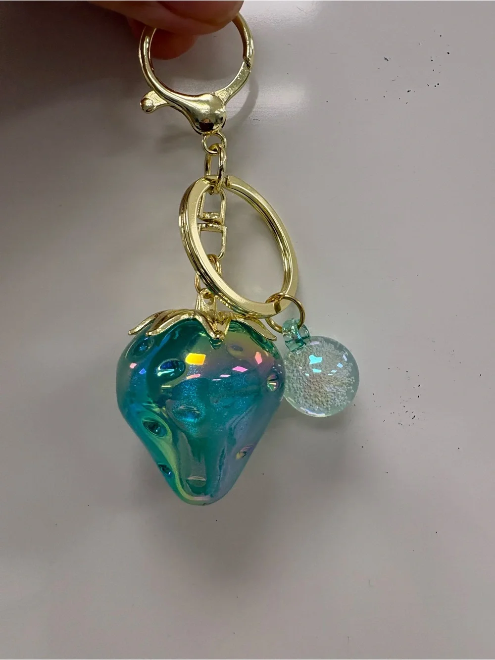 Iridescent Blue Green Strawberry Bag Charm Keychain Gold Accents